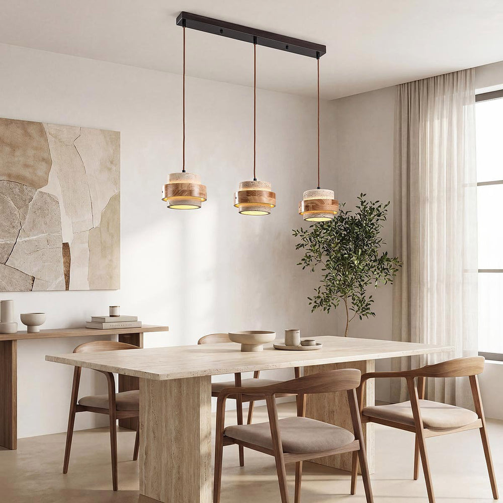 Dark and light brown with travertine Beige detail on Enju Travertine & Light Wood Pendant Light — 3 Lights
