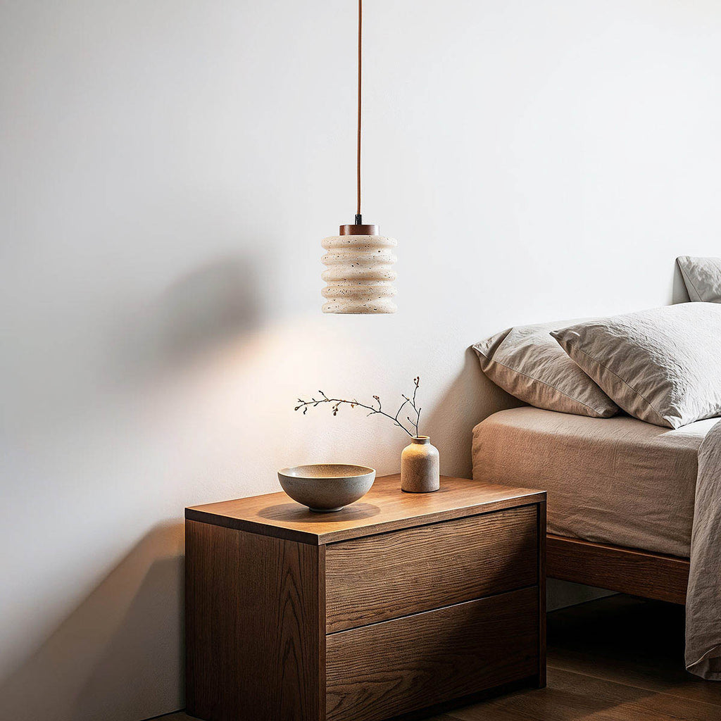 Close up of natural travertine stone and wood finish on Kyoto pendant lamp