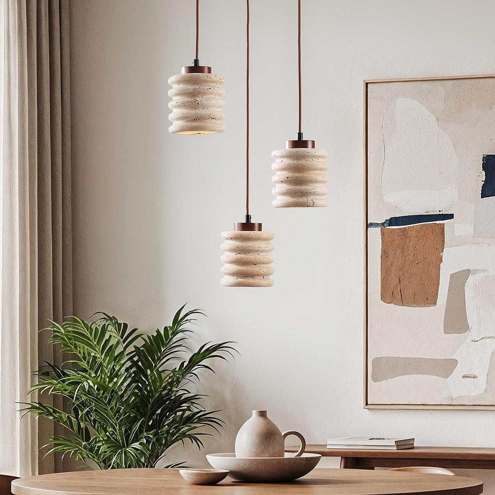 Kyoto Travertine & Wood Cylinder Pendant Light — 3 Lights after dark