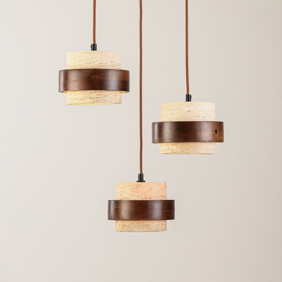 Tsumi Travertine & Wood Pendant Light — 3 Lights, Round