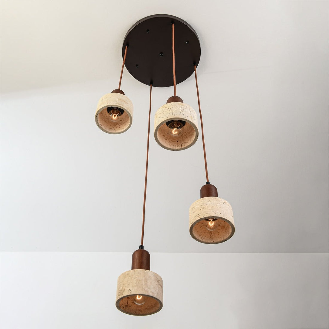 Taoka Travertine & Wood Pendant Light — 4 Lights, Round detail