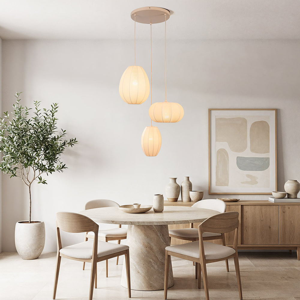 Lantana Triple Fabric Lantern Pendant Light — Warm Beige in a room