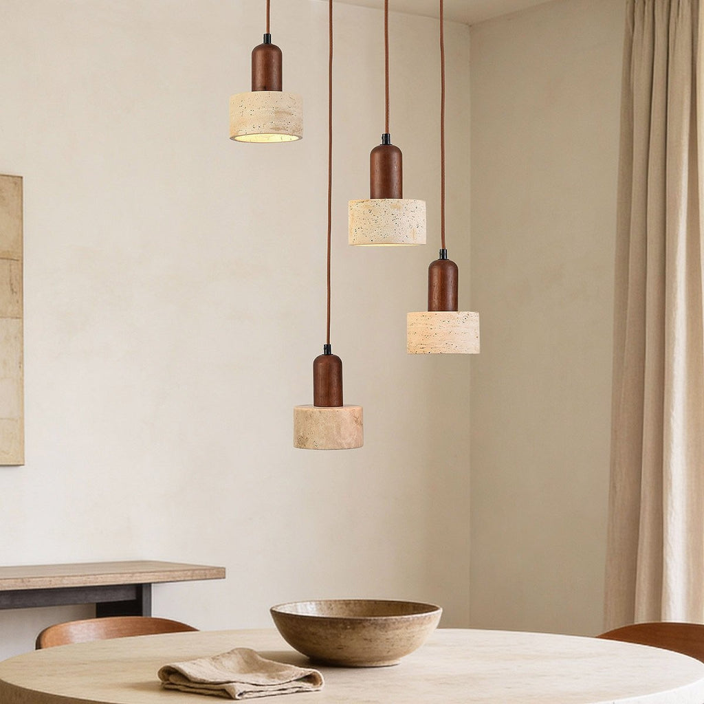 Taoka travertine and wood pendant light with four round shades at different heights