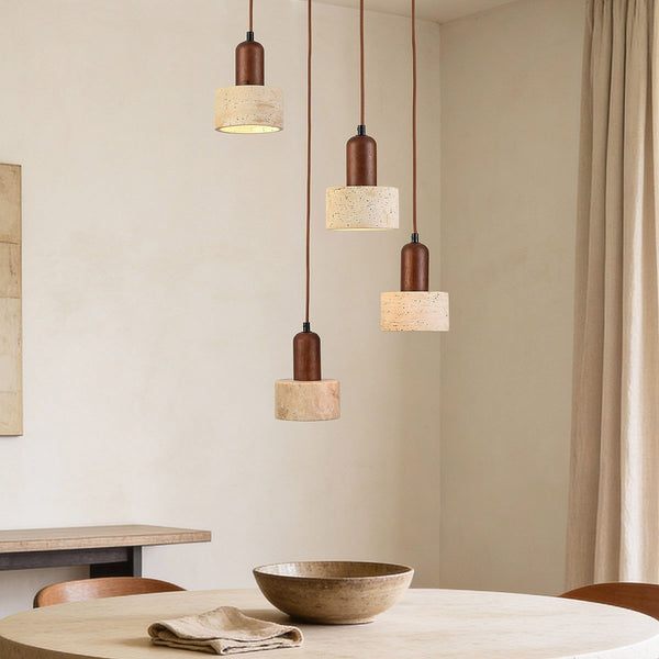 Taoka travertine and wood pendant light with four round shades at different heights