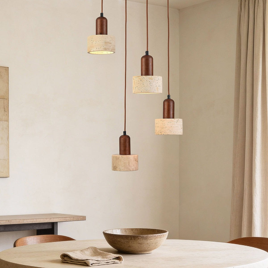 Taoka Travertine & Wood Pendant Light — 4 Lights, Round