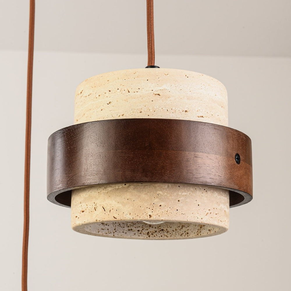 Dark brown and travertine beige detail on Tsumi Travertine & Wood Pendant Light — 3 Lights, Round