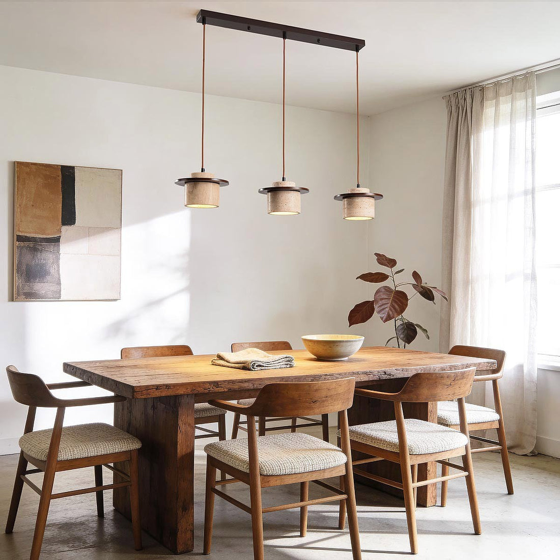 Close-up of natural travertine shade detail on Hoshi pendant light