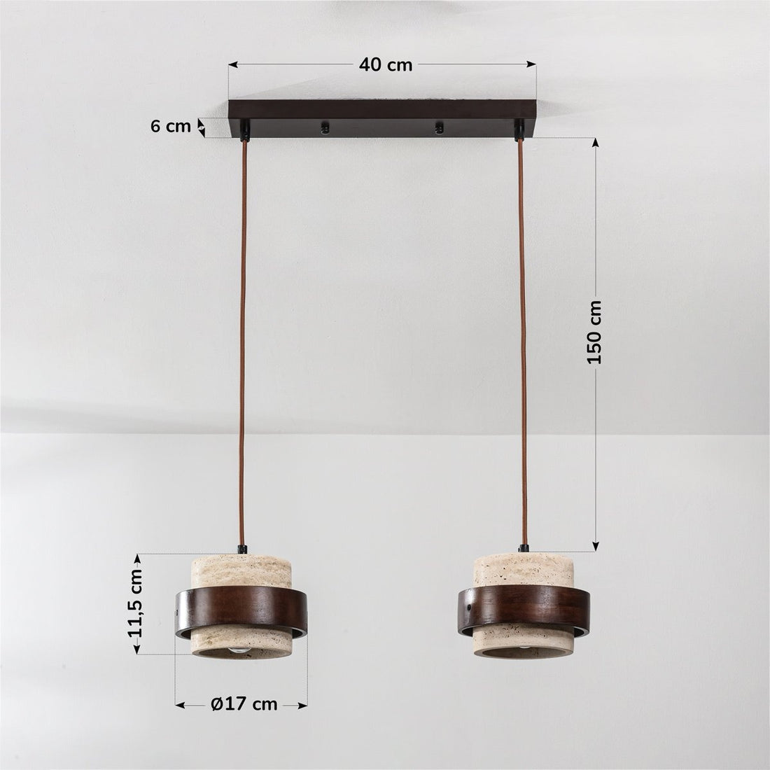 Tsumi Travertine & Wood Pendant Light — 2 Lights