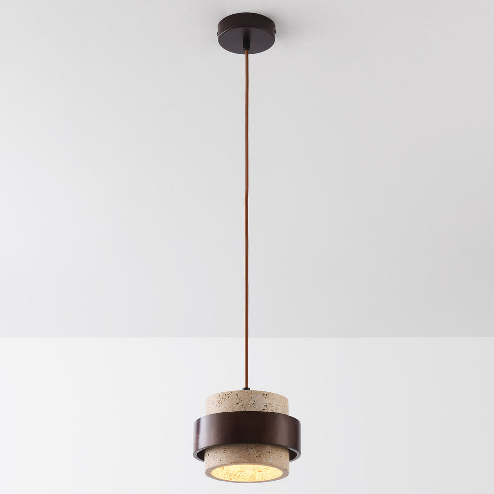 Dark brown and travertine beige detail on Tsumi Travertine & Wood Pendant Light — Single