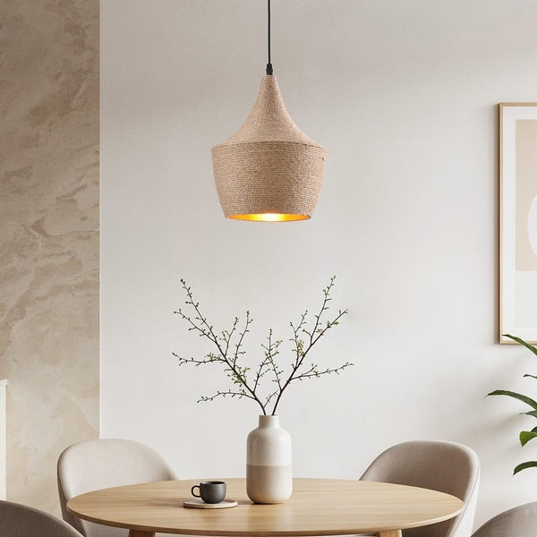 Corda natural hemp rope pendant light with gold interior suspended from ceiling