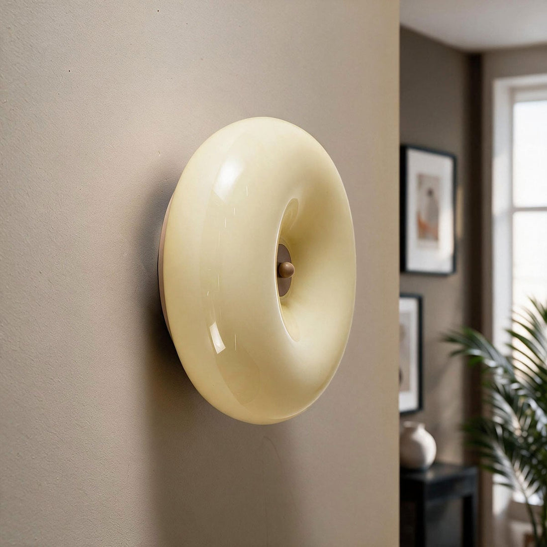 Close-up of beige glass shade diffusing soft warm light