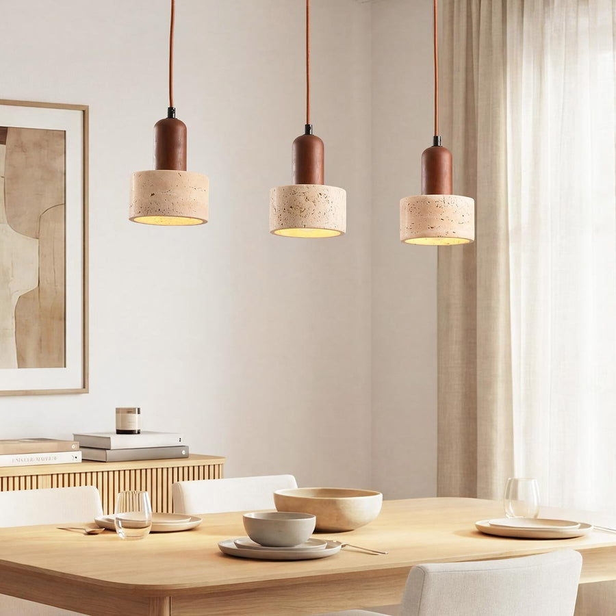 Taoka Travertine & Wood Pendant Light — 3 Lights, Linear