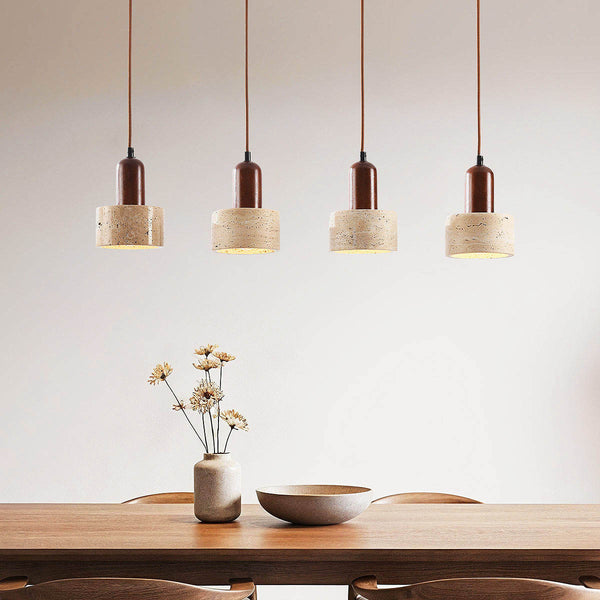 Taoka travertine and wood pendant light with four linear lights over dining table