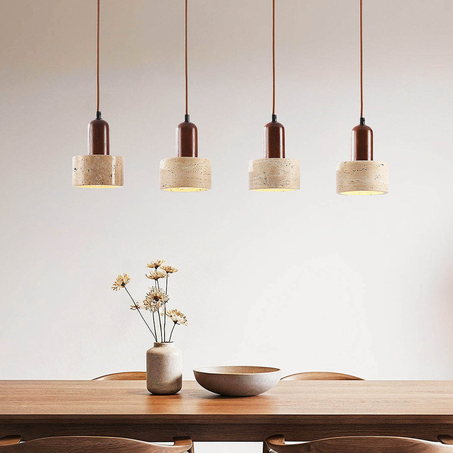 Taoka Travertine & Wood Pendant Light — 4 Lights, Linear