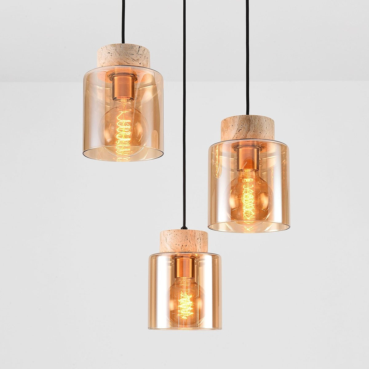 Akiko Travertine & Amber Glass Pendant Light — 3 Lights