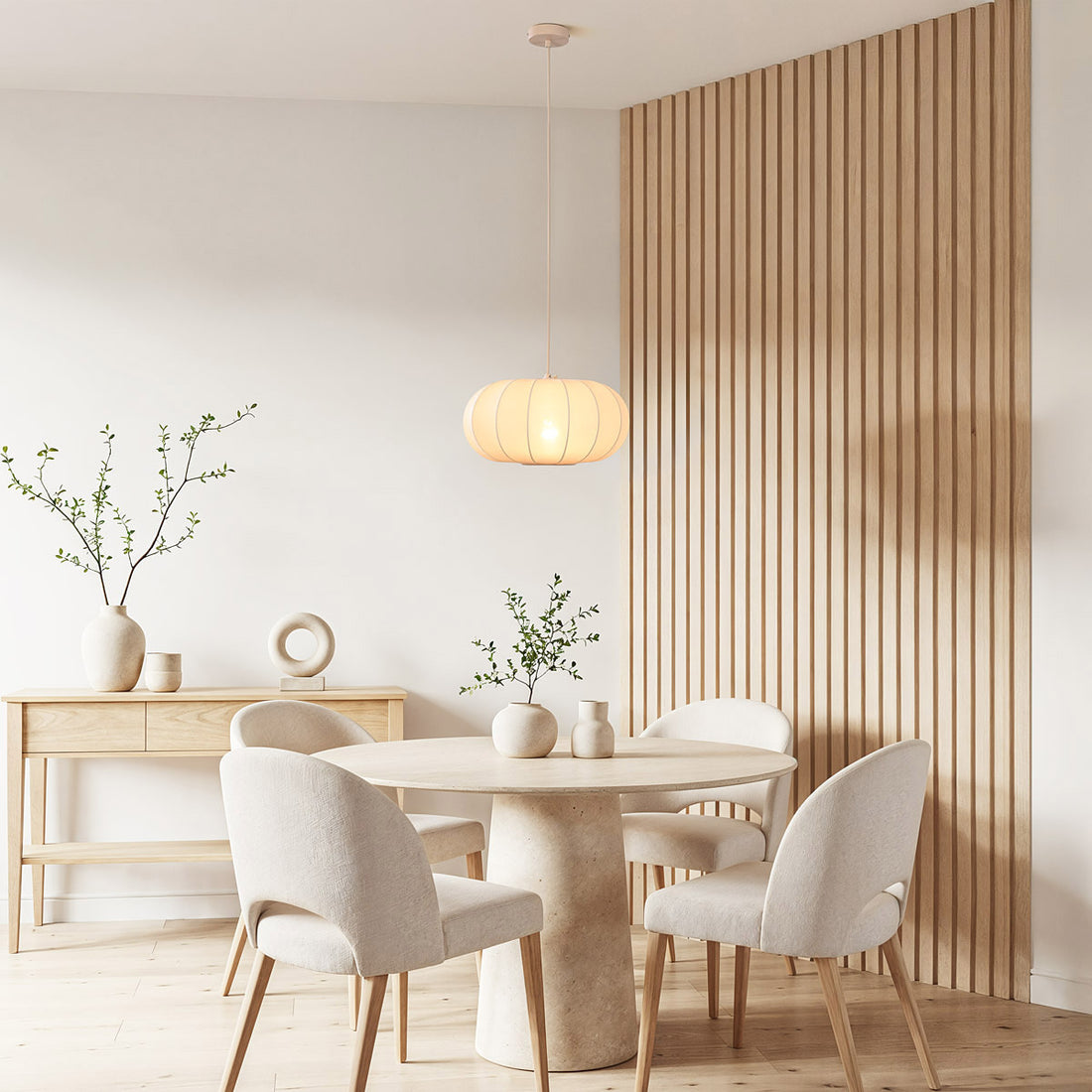 Close up of Aya light beige fabric shade showing soft diffused glow