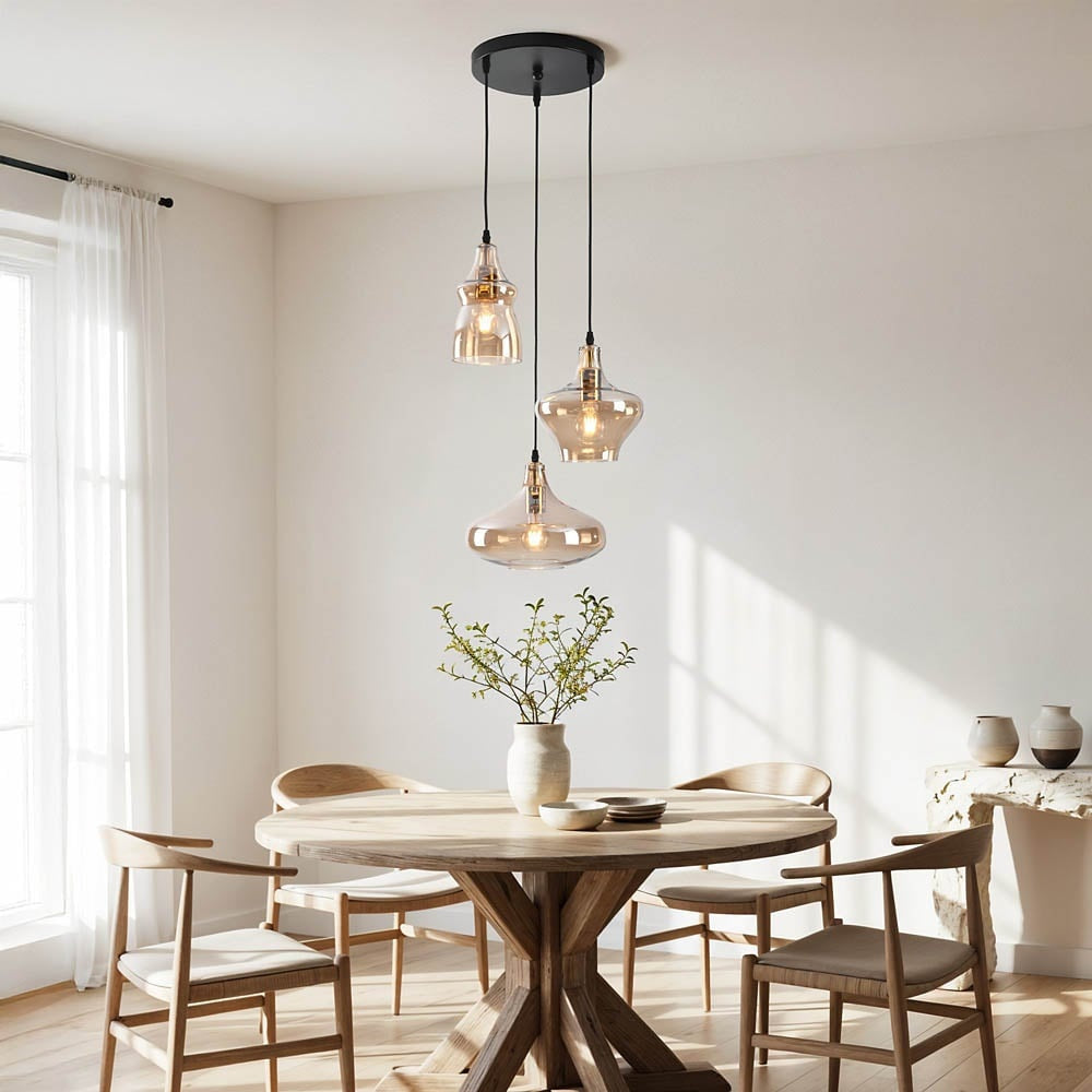 Brixton Industrial Triple Pendant Light — Black & Amber Glass