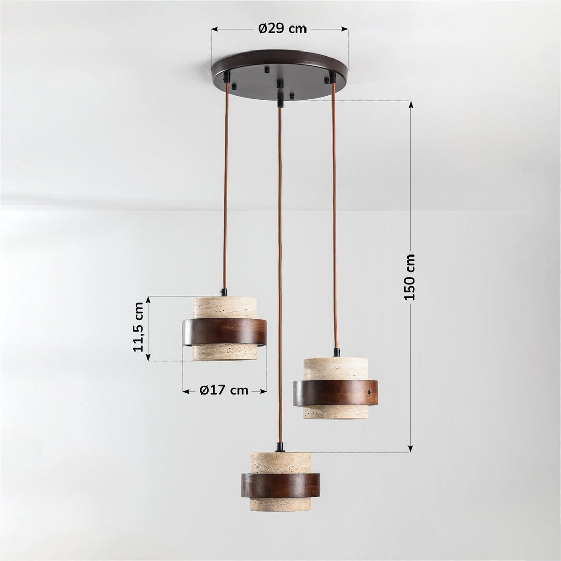 Tsumi Travertine & Wood Pendant Light — 3 Lights, Round