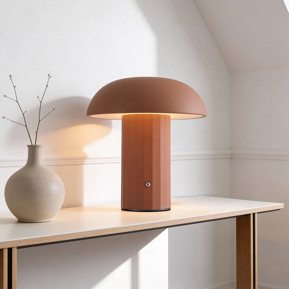 Close up of mocha brown Cocoa rechargeable lamp cylindrical design