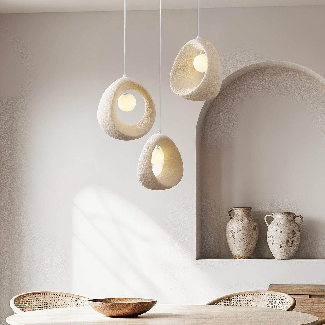 Umi stone-effect LED pendant light with three asymmetric shades in cluster arrangement