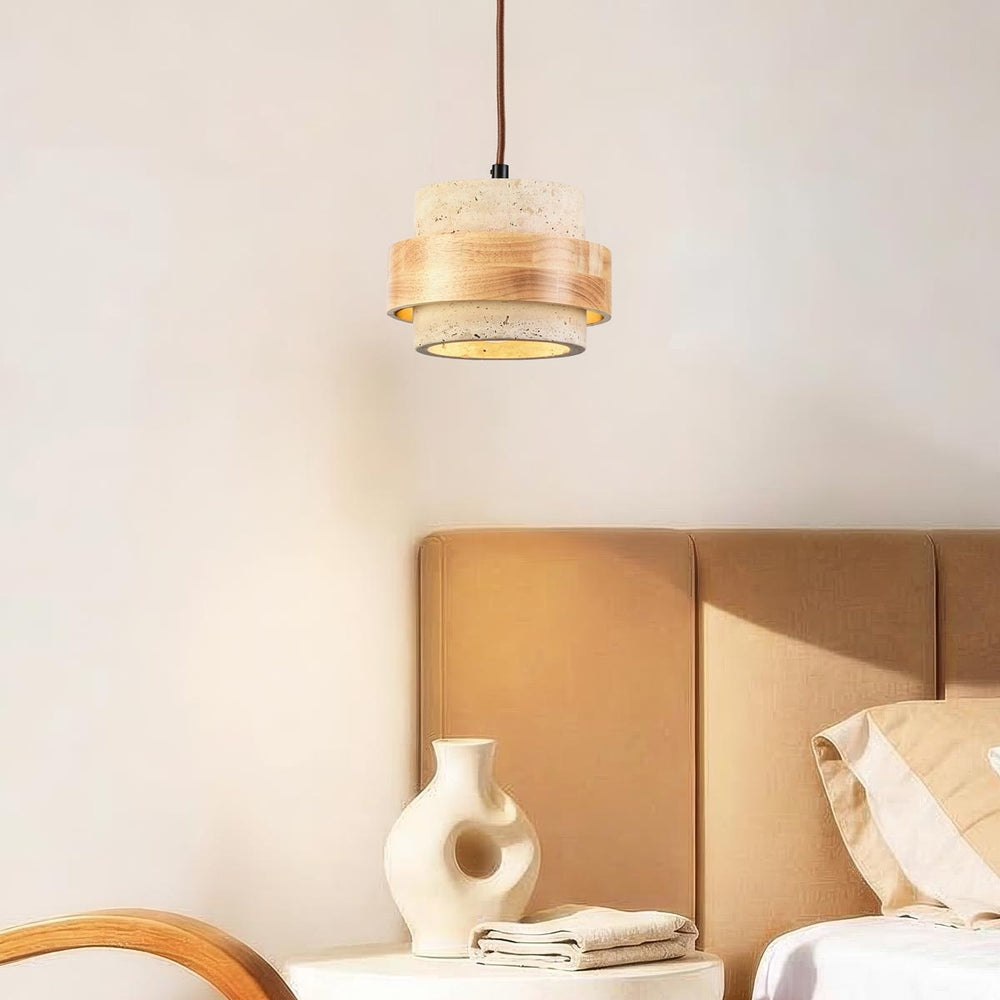 Enju Travertine & Light Wood Pendant Light — Single in a room