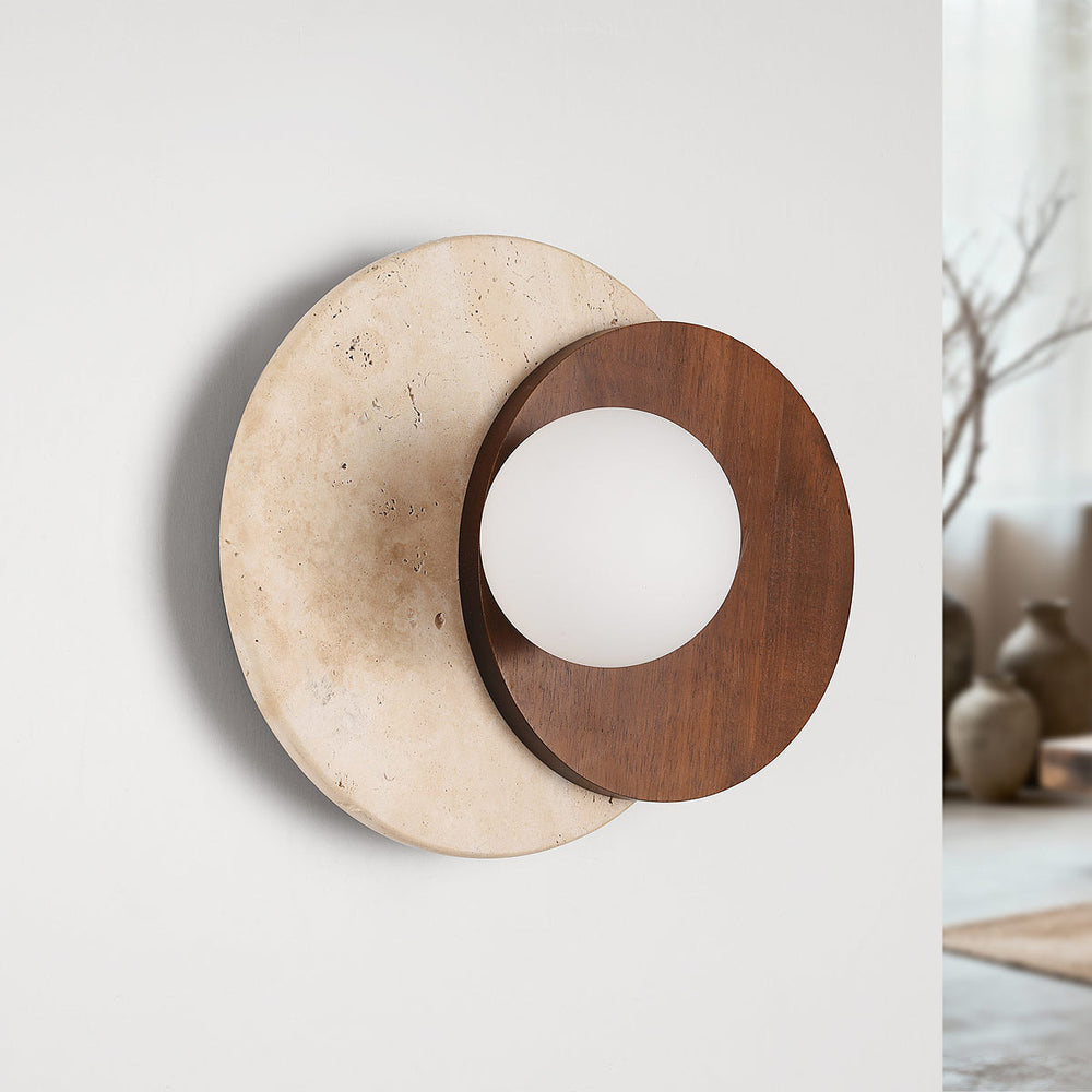Yori Travertine & Wood Wall Light — Sand Beige in a room
