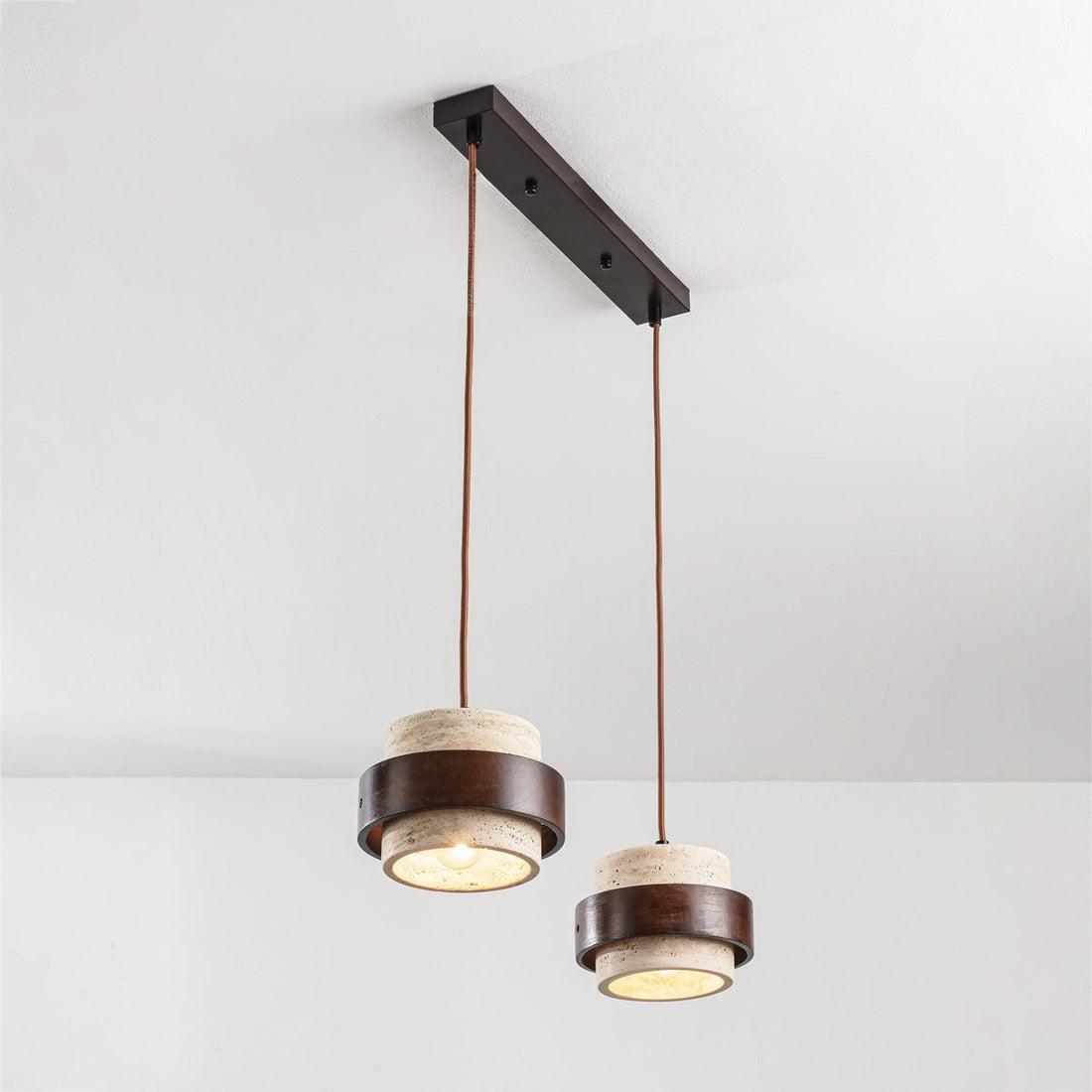 Tsumi Travertine & Wood Pendant Light — 2 Lights