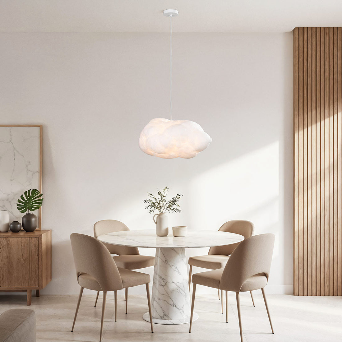 Close up of Nuvola pendant lamp showing layered cotton and silk diffuser detail