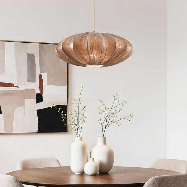 Bruna warm brown fabric pendant light with pleated shade 45cm diameter