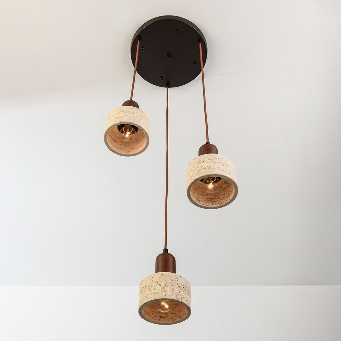 Taoka Travertine & Wood Pendant Light — 3 Lights, Round