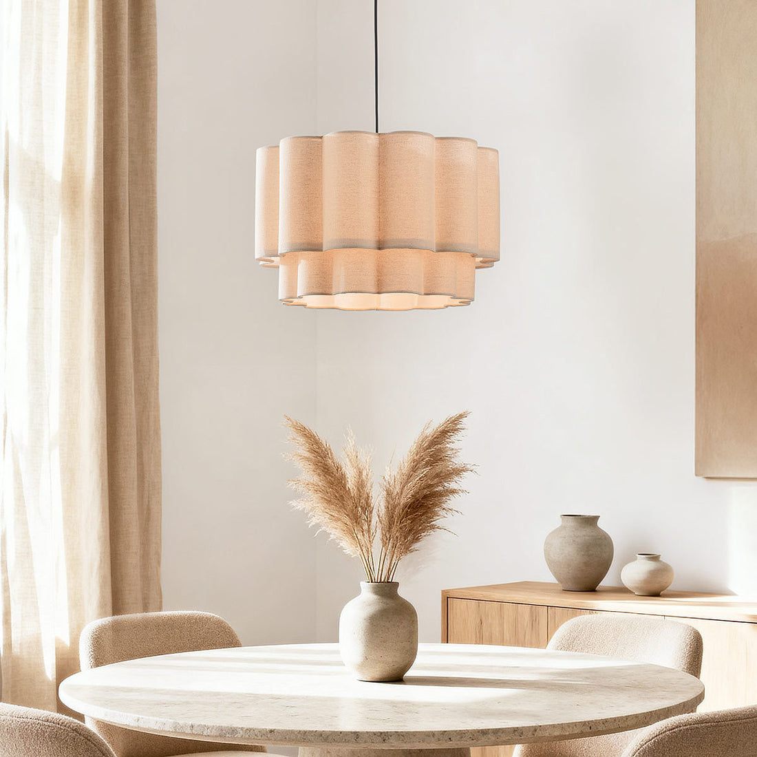 Yuki beige wavy linen pendant light hanging in modern interior