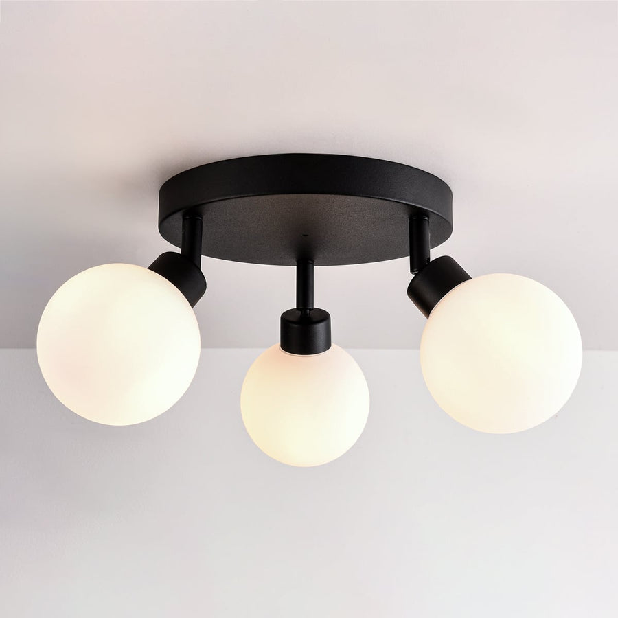 Otto Adjustable Triple Spot Ceiling Light — Black & Opal Glass, IP44