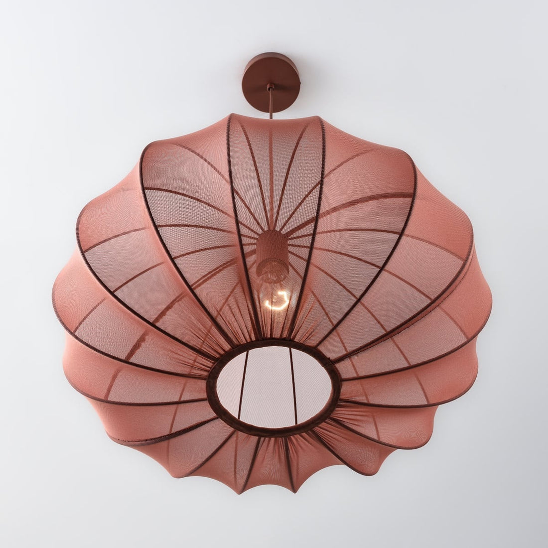 Amaro terracotta pink fabric pendant light 50cm diameter hanging from ceiling