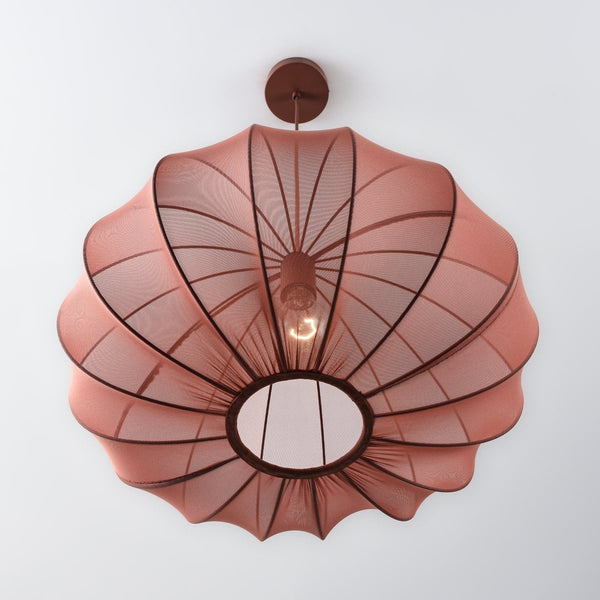 Amaro terracotta pink fabric pendant light 50cm diameter hanging from ceiling