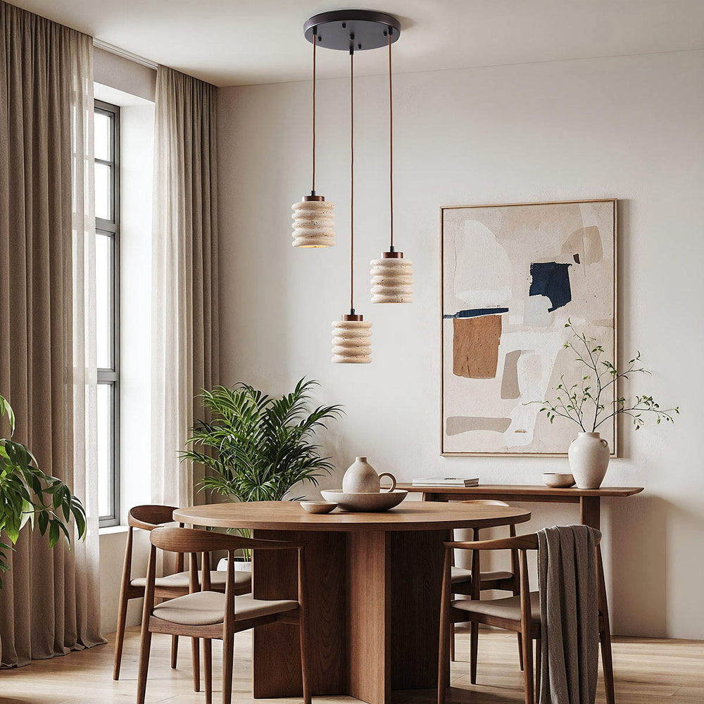Kyoto Travertine & Wood Cylinder Pendant Light — 3 Lights in a room