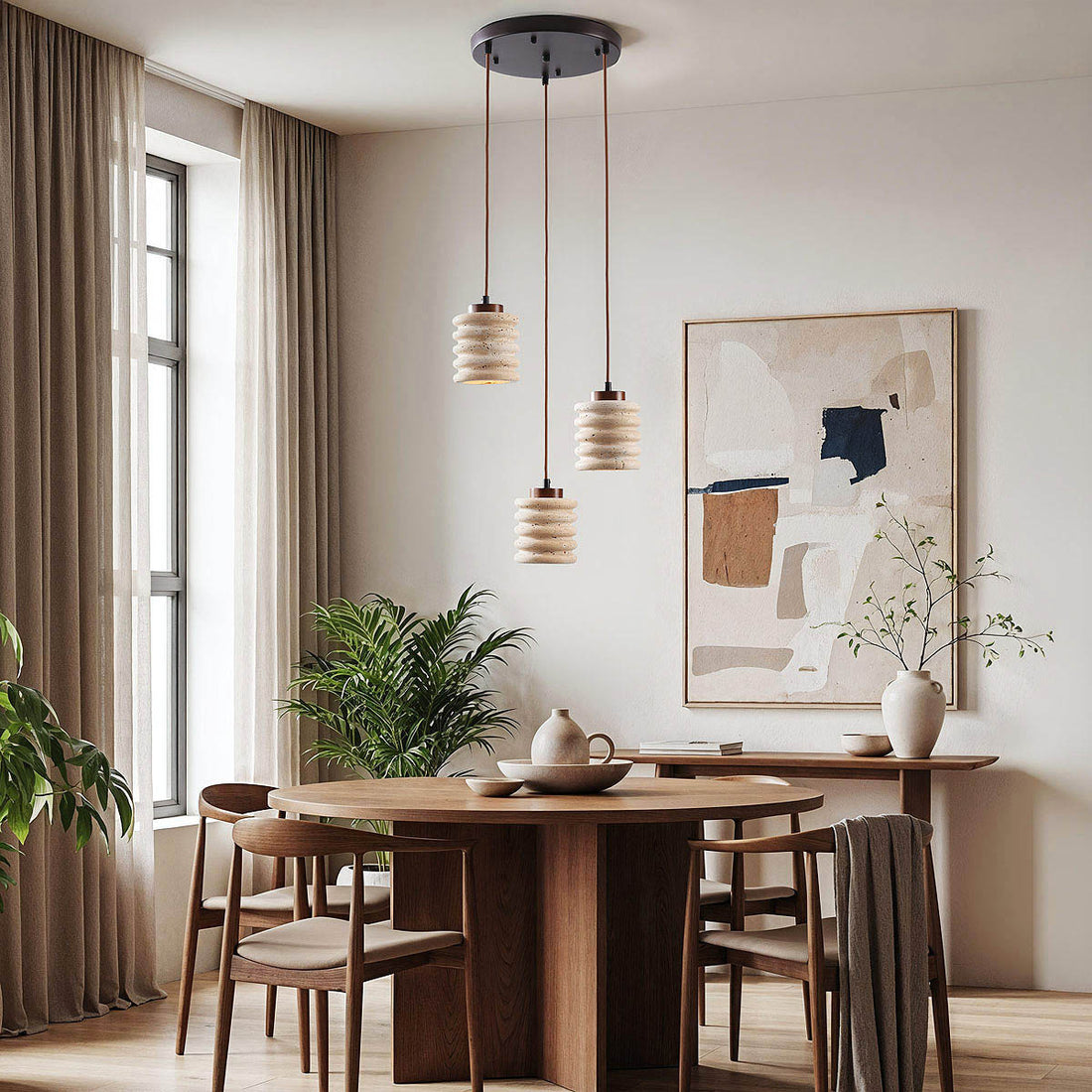 Close up of natural travertine and wood detail on Kyoto pendant light