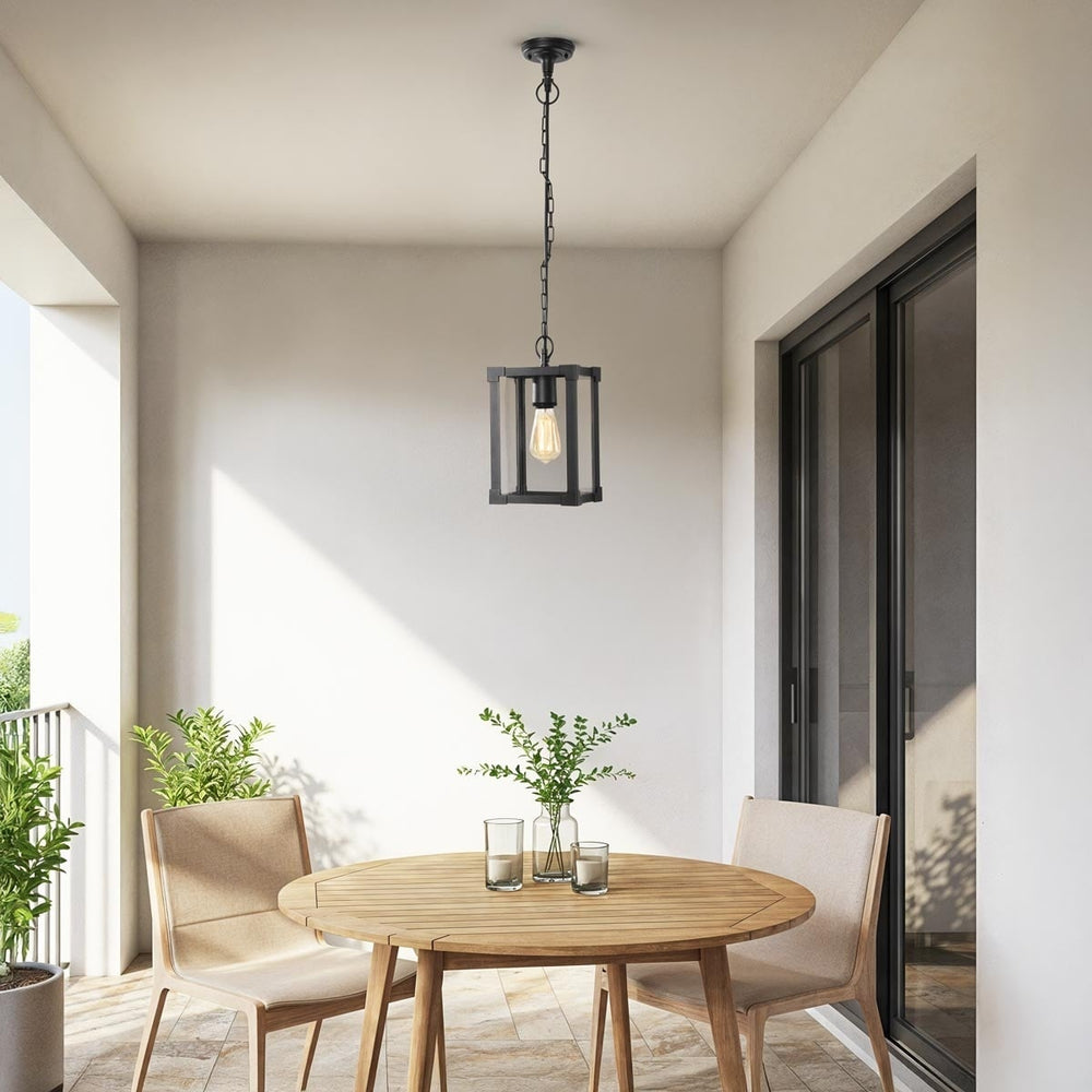 Holt Industrial Outdoor Pendant Light — Black, Glass Panels in a room