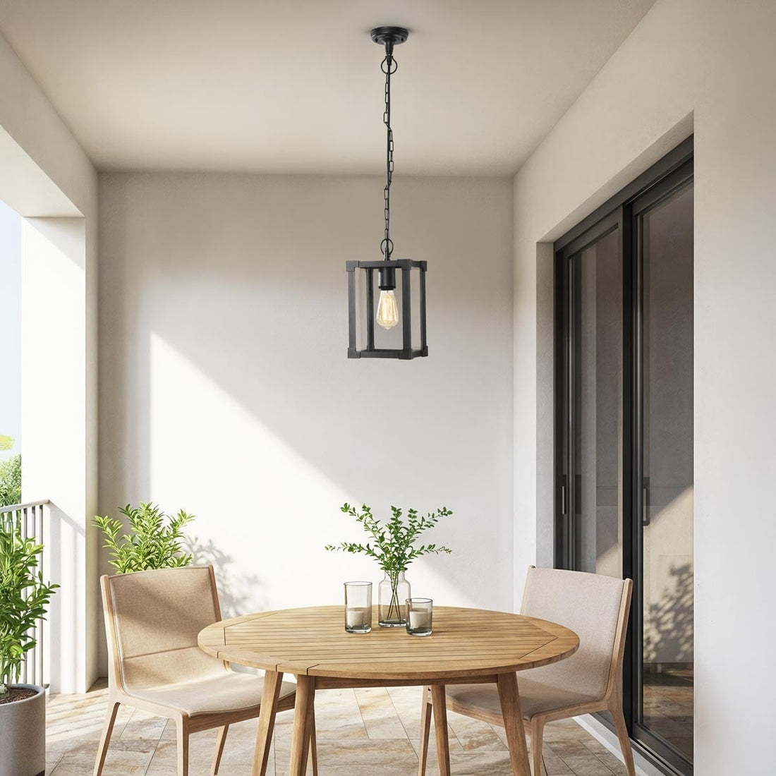 Close-up of Holt pendant light showing black aluminium frame and clear glass panel detail