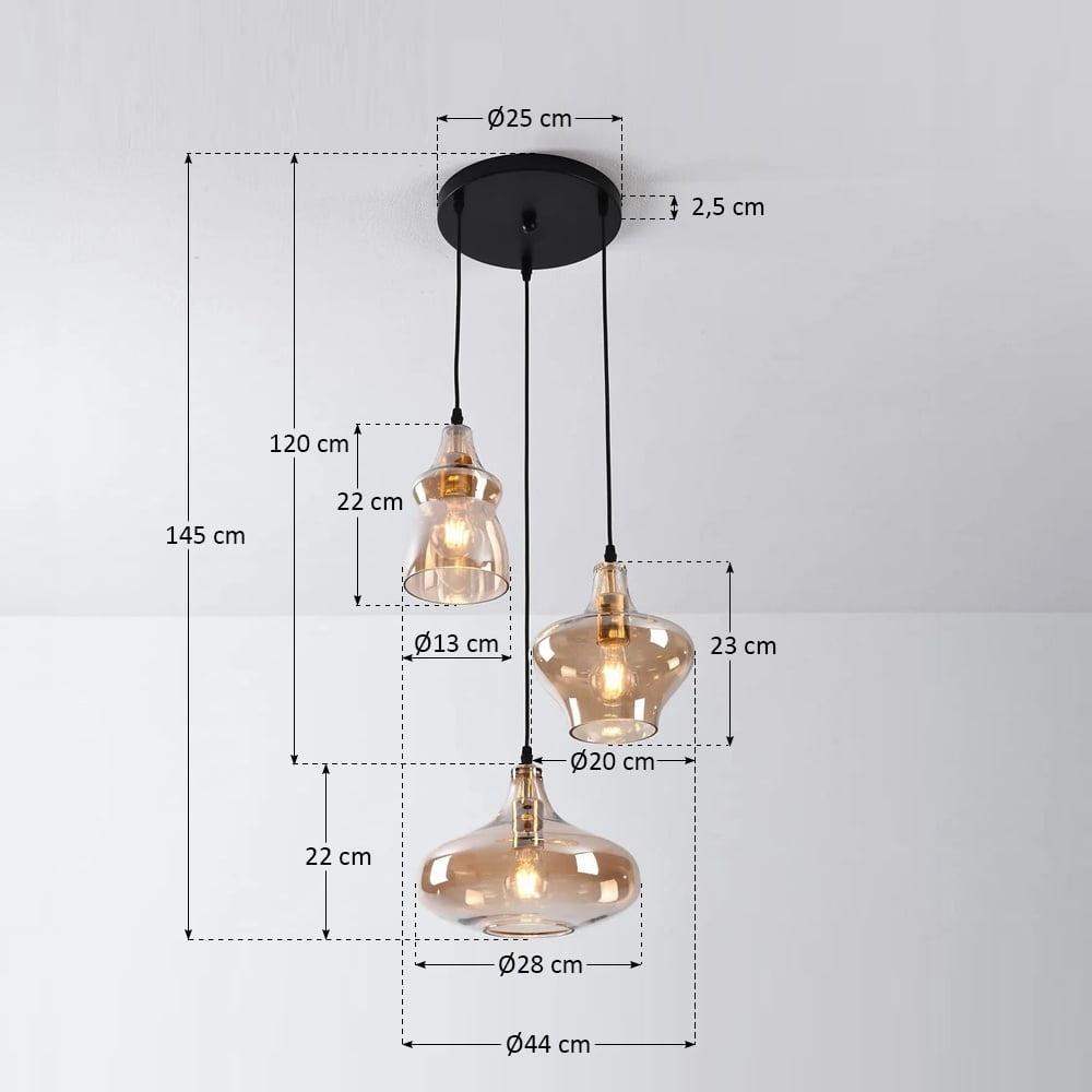 Brixton Industrial Triple Pendant Light — Black & Amber Glass