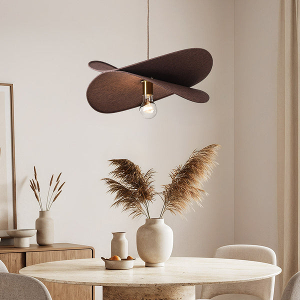 Hemi brown linen pendant light with twin shades hanging from hemp cord