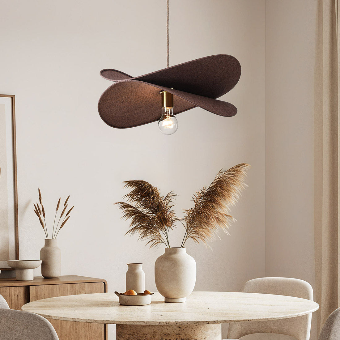 Hemi brown linen pendant light with twin shades hanging from hemp cord