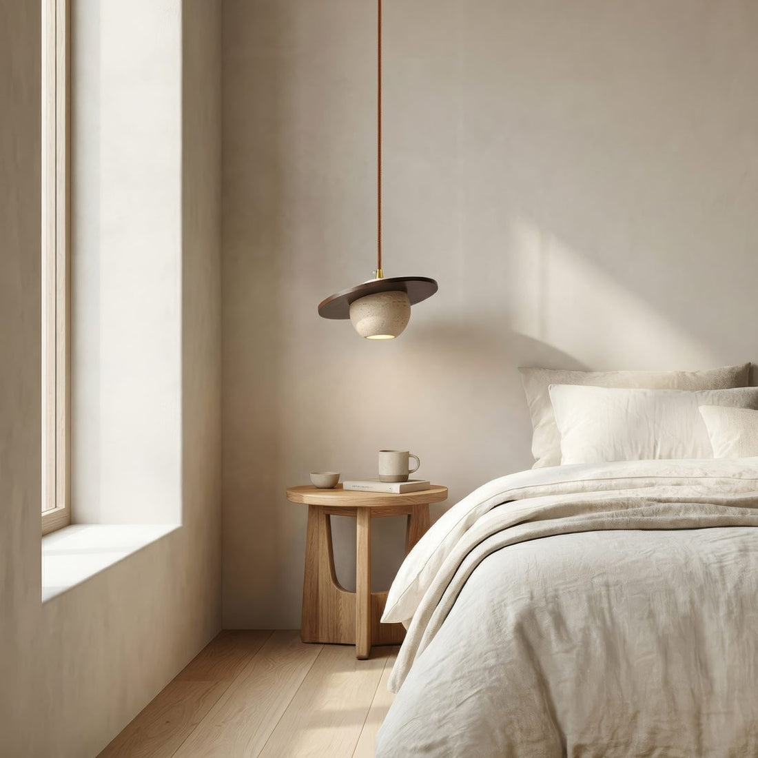 Close-up of natural travertine stone shade with wood detail on Tomo pendant light