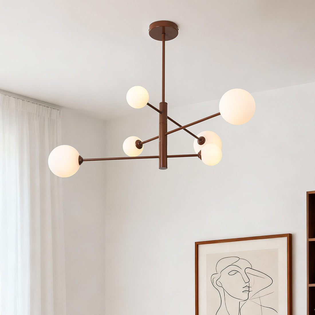 Sesto six-light ceiling light with opal glass globes and brown iron frame