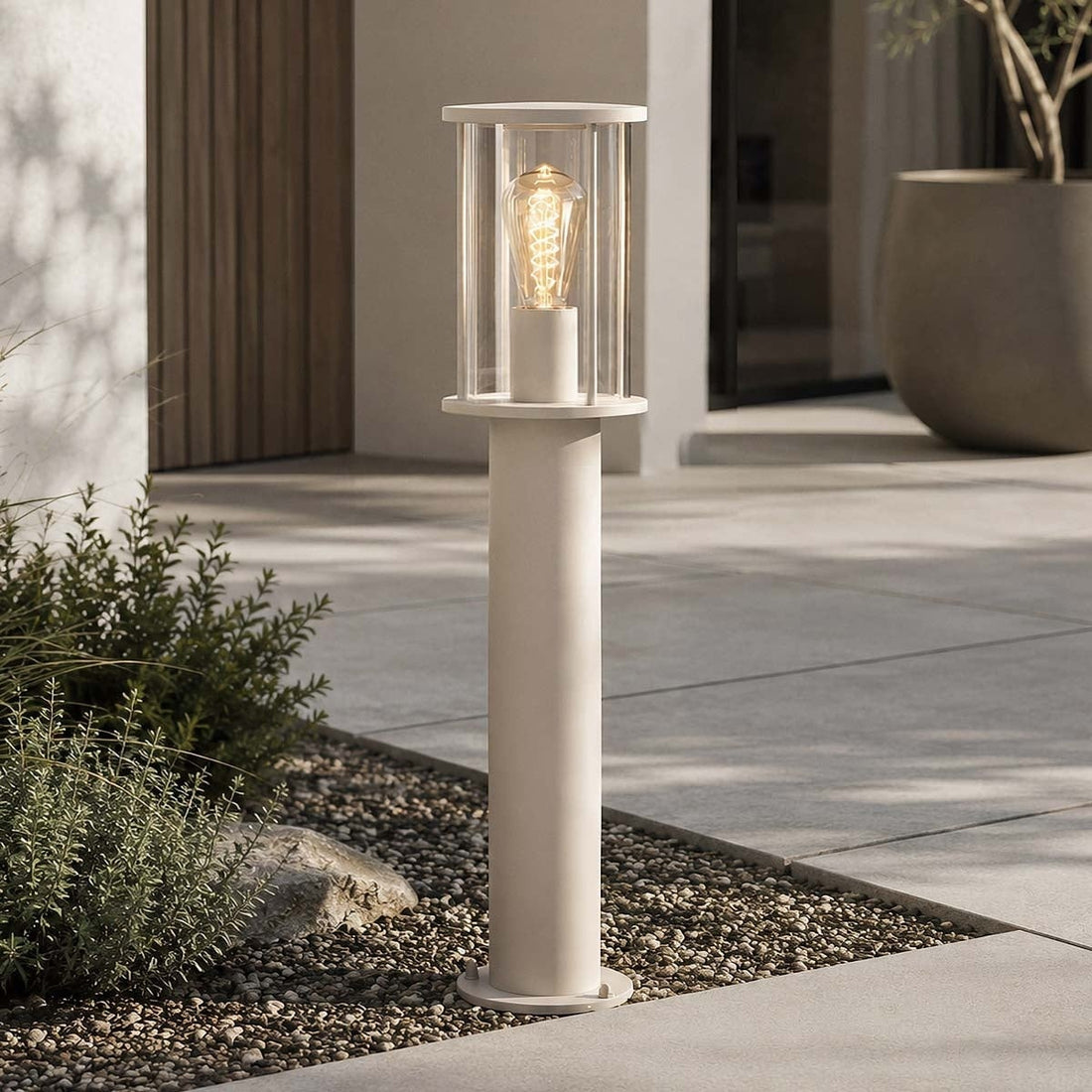 Dune outdoor post light in beige with clear glass cylinder 60cm height