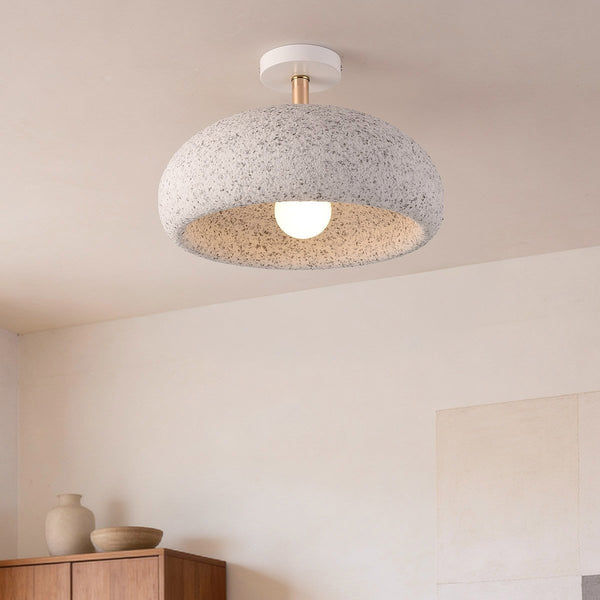 Zola white terrazzo ceiling light with rose gold detail installed on ceiling
