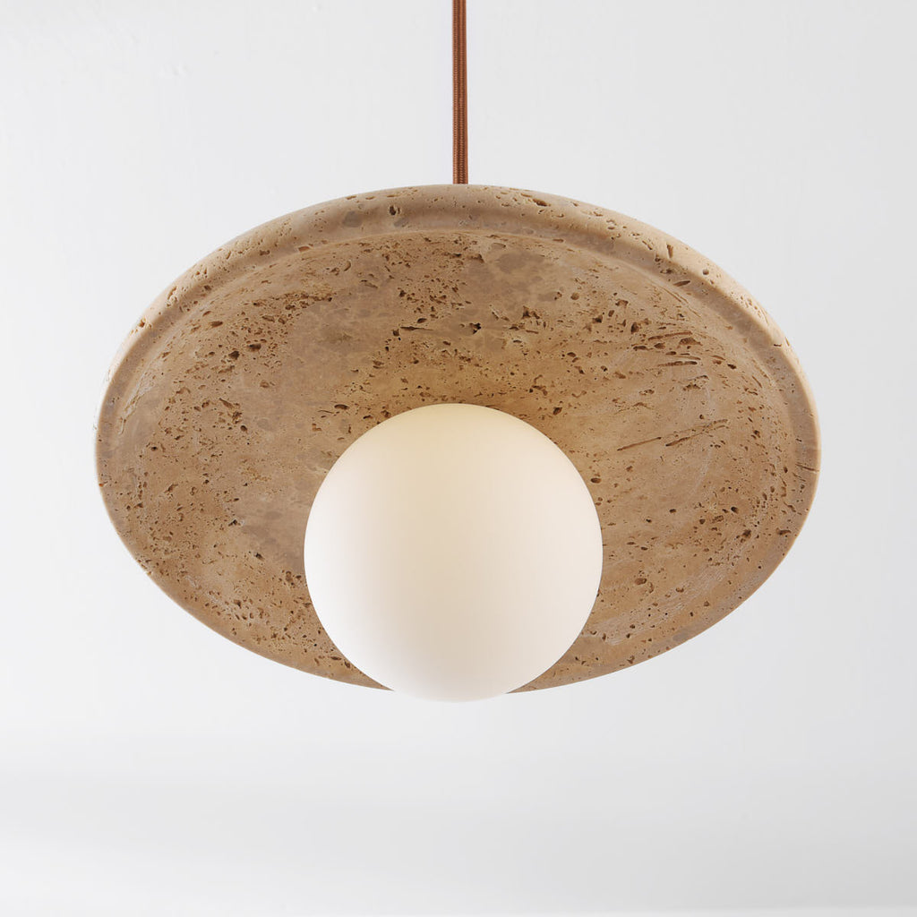 Kiyomi Japandi pendant light illuminated in modern kitchen setting