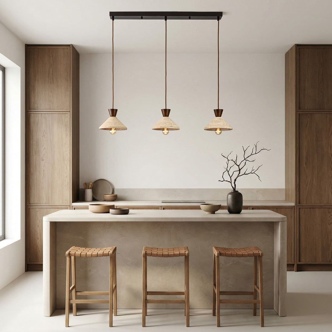 Close up of natural travertine stone and timber detail on pendant light