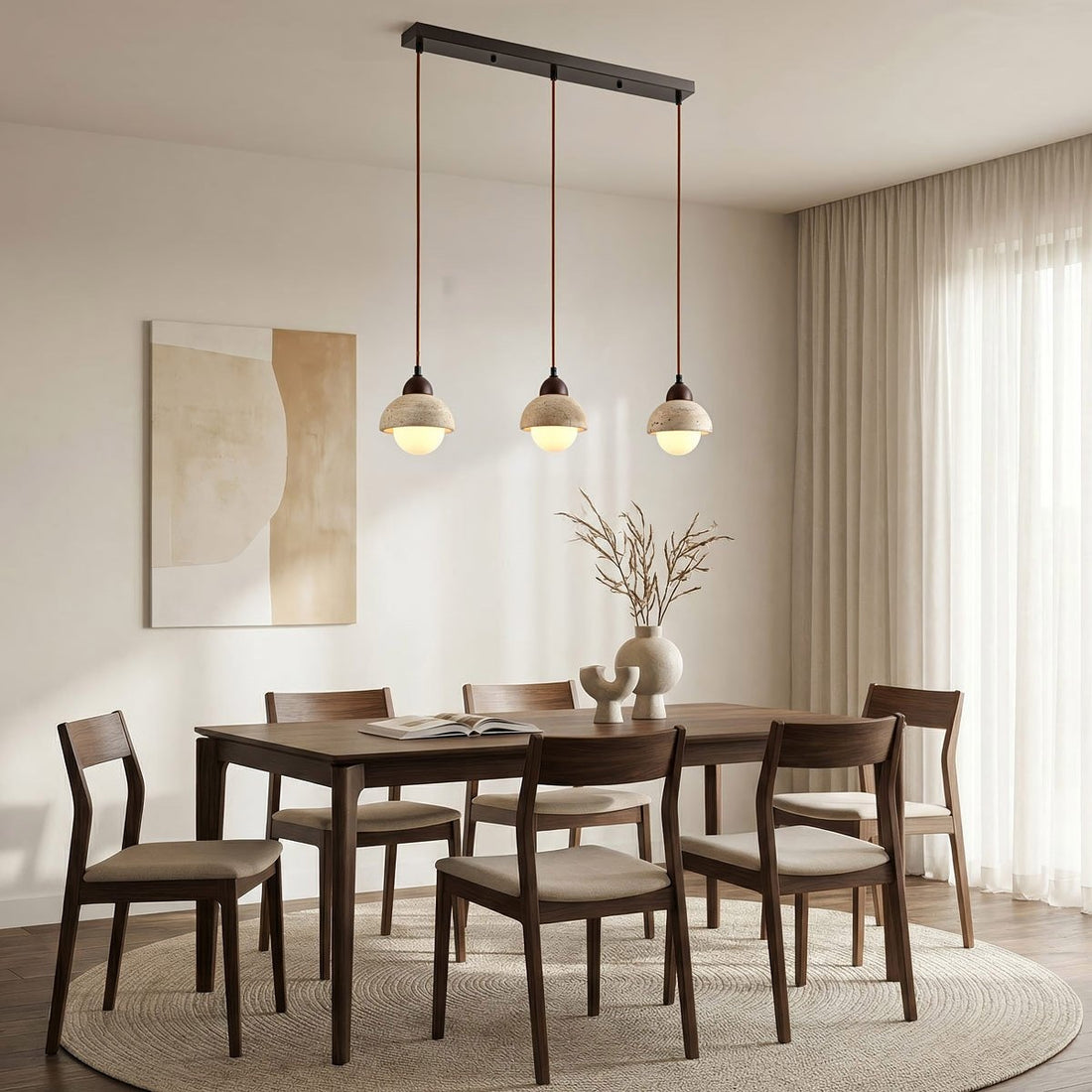 Close up of natural travertine stone shade with glass detailing on pendant light