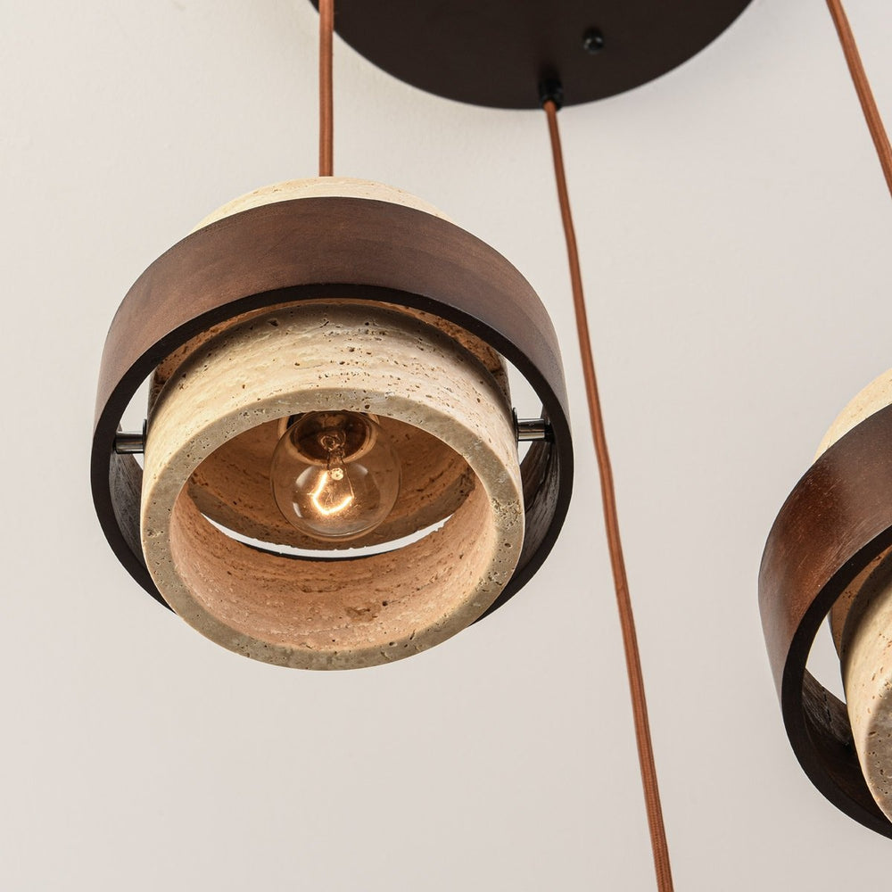 Tsumi Travertine & Wood Pendant Light — 3 Lights, Round after dark