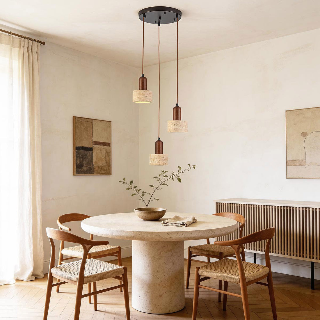 Close up of round travertine and wood shade detail on Taoka pendant light